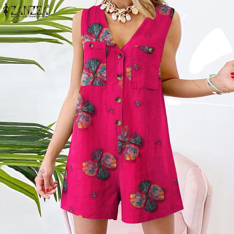 Áo liền quần ZANZEA cổ chữ V không tay có túi phía trước thời trang vintage dành cho nữ