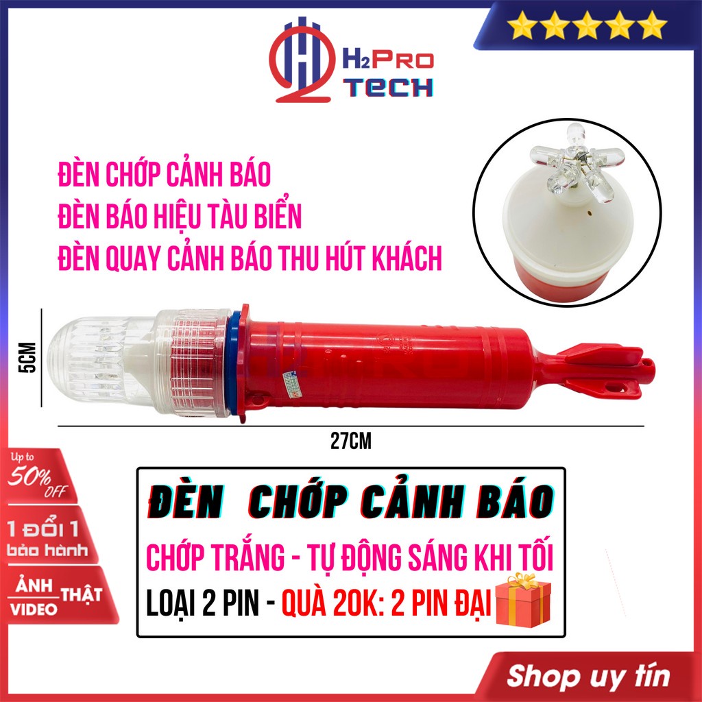 Đèn Chớp Cảnh Báo Trắng Vỏ Đỏ H2Pro Cao Cấp (2 Pin), Đèn Báo Hiệu Tàu Biển-Quay Cảnh Báo (Tặng 2 Pin Đại)-H2Pro Tech