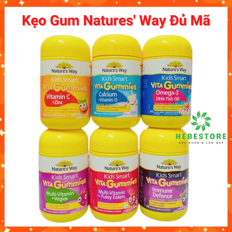 Vita Gummies Nature's Way [Úc] Kẹo gum bổ sung vitamin cho bé - 60 viên đủ vị - Cam kết chính hãng