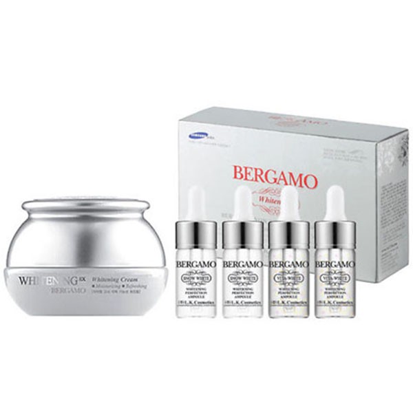 Combo kem dưỡng trắng da &Set 4 siêu tinh chất dưỡng trắng Bergamo Snow White & Vita-White Whitening Perfection Ampoule