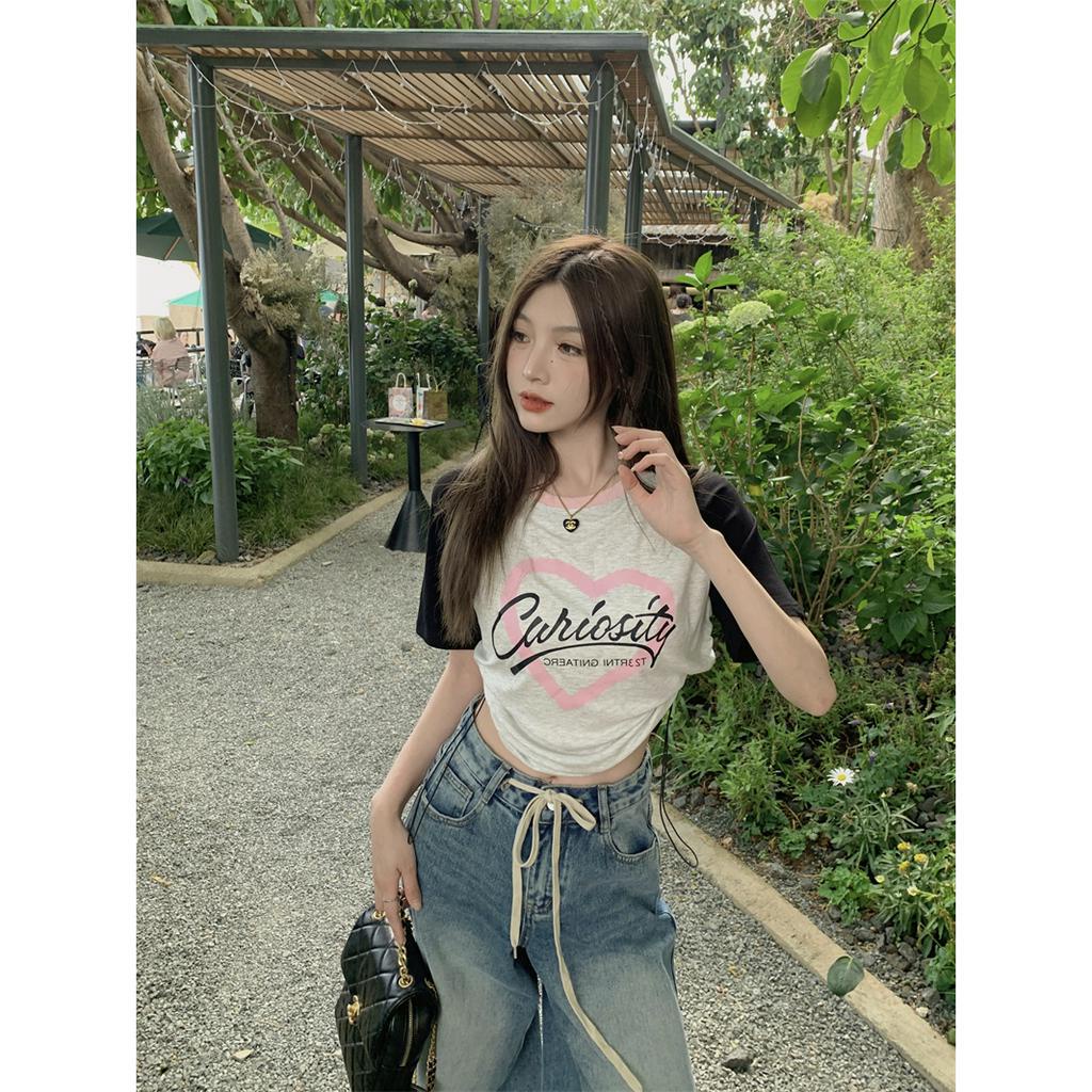 Áo Chui Đầu Tay Ngắn Cổ Tròn Phối Dây Rút In Họa Tiết Xinh Xắn