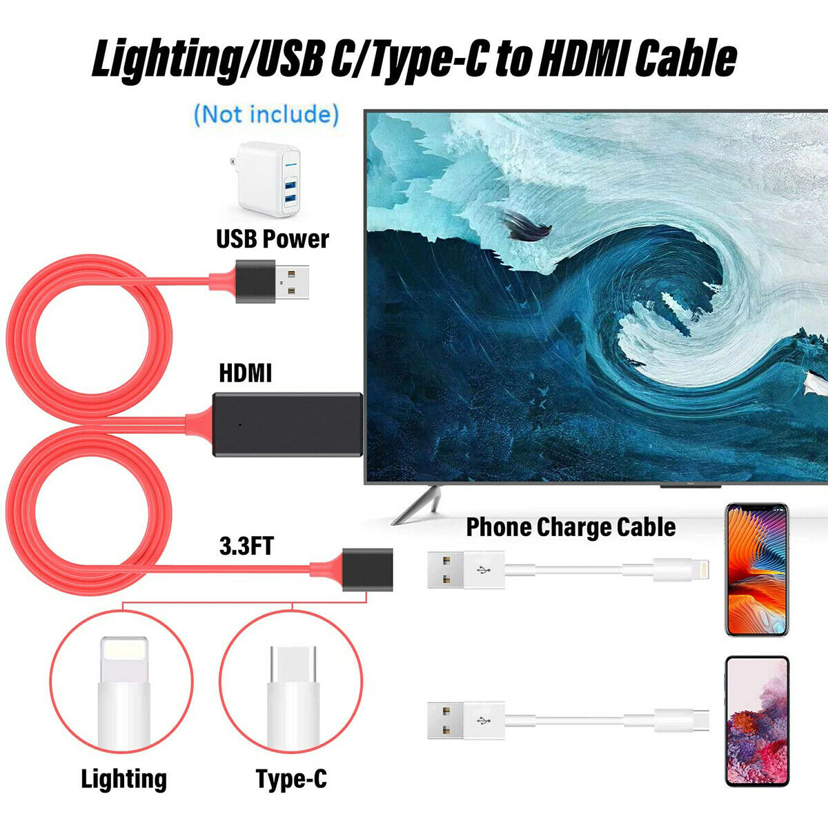 Cáp Chuyển Đổi 3 Trong 1 Hdmi / 1080p Hd Usb Cho Iphone / Ios /Android