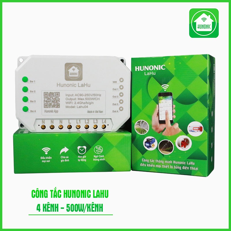 Công Tắc Wifi Hunonic Lahu Điều Khiển Từ Xa Qua Điện Thoại, Công Tắc Thông Minh Hẹn Giờ Tự Động, Hàng Việt Nam Sản Xuất.