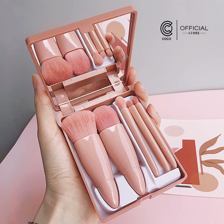 Bộ cọ trang điểm makeup cá nhân 6 món màu hồng Vintage hộp gương