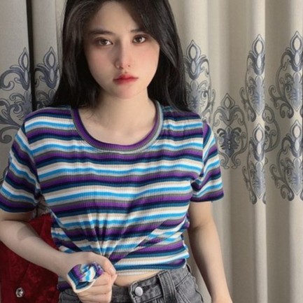 Aó thun croptop sọc cổ tim size S từ 40-50kg size M từ 50-60kg