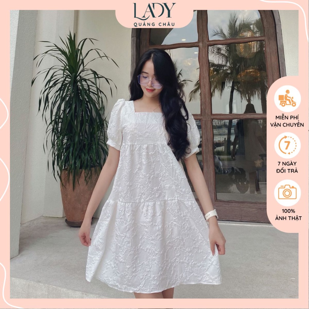 Đầm babydoll nữ dáng dài, váy bầu xòe ulzzang cổ vuông vải gấm xốp quảng châu 2 lớp màu trắng và xanh