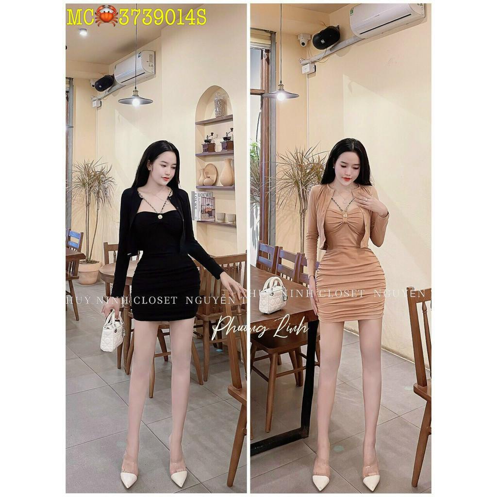 Sét đầm ống yếm dây xích đeo cổ ôm body nhúm sườn  kèm áo khoác ngoài cực xinh , chất thun gân mềm mịn