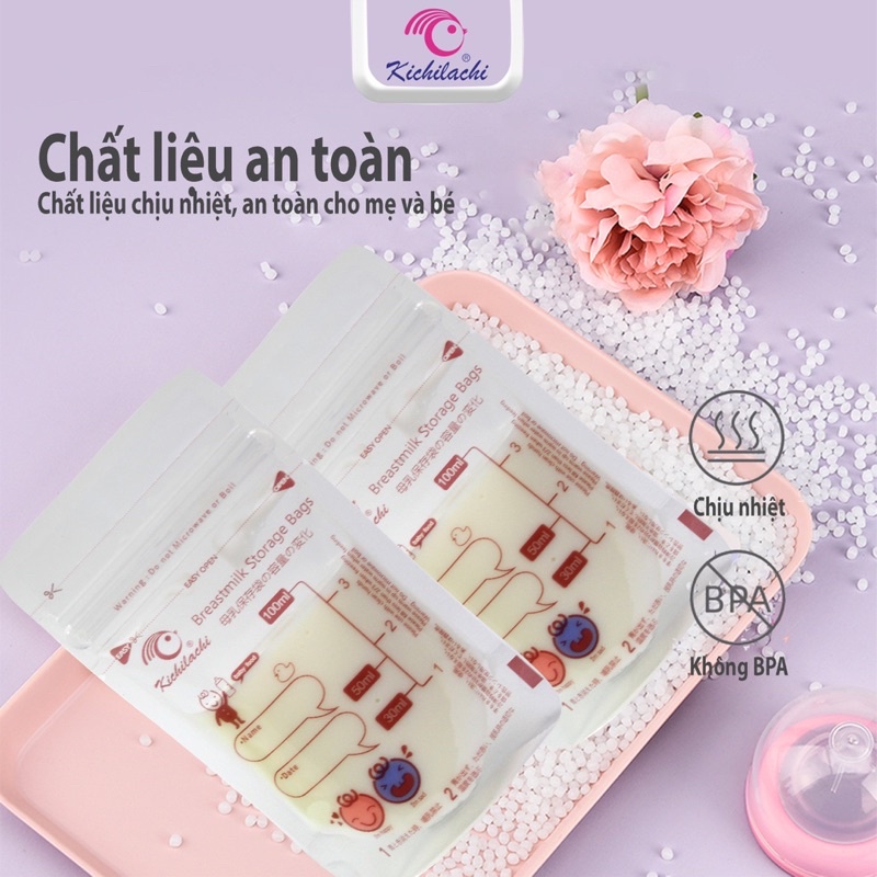 Túi Trữ Sữa Kichilachi 100ml- Cảm Biến Nhiệt Độ, Có Khóa Zip Chắc Chắn Chống Rò Rỉ-Shop Mẹ Khoai