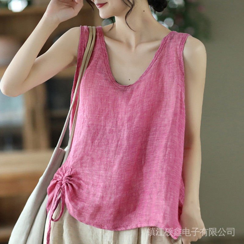 Áo Cotton Lanh Không Tay Dáng Rộng Cổ Chữ V Phối Dây Rút Phong Cách Mới Cổ Điển