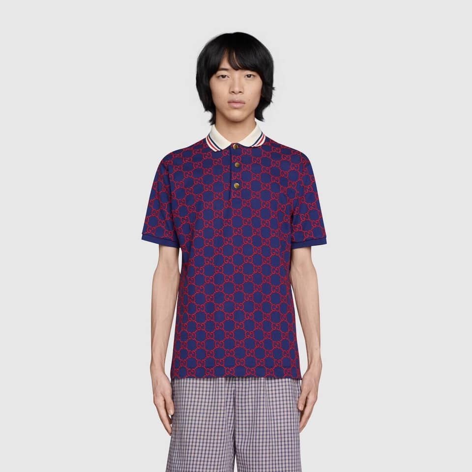 Áo Polo Chất Cotton Vân Thêu Rõ Ràng Gucci GG Stretch Cotton Polo Shirts/Blue Red