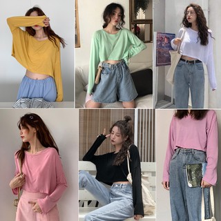 Áo croptop nữ dài tay cổ tròn Cheapy đen trắng xanh vàng hồng tím phom rộng dáng suông cá tính basic hàn quốc sexy A9