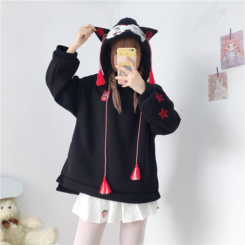 Áo Hoodie Có Nón Tay Dài Tai Mèo Dễ Thương Xinh Xắn Cao Cấp