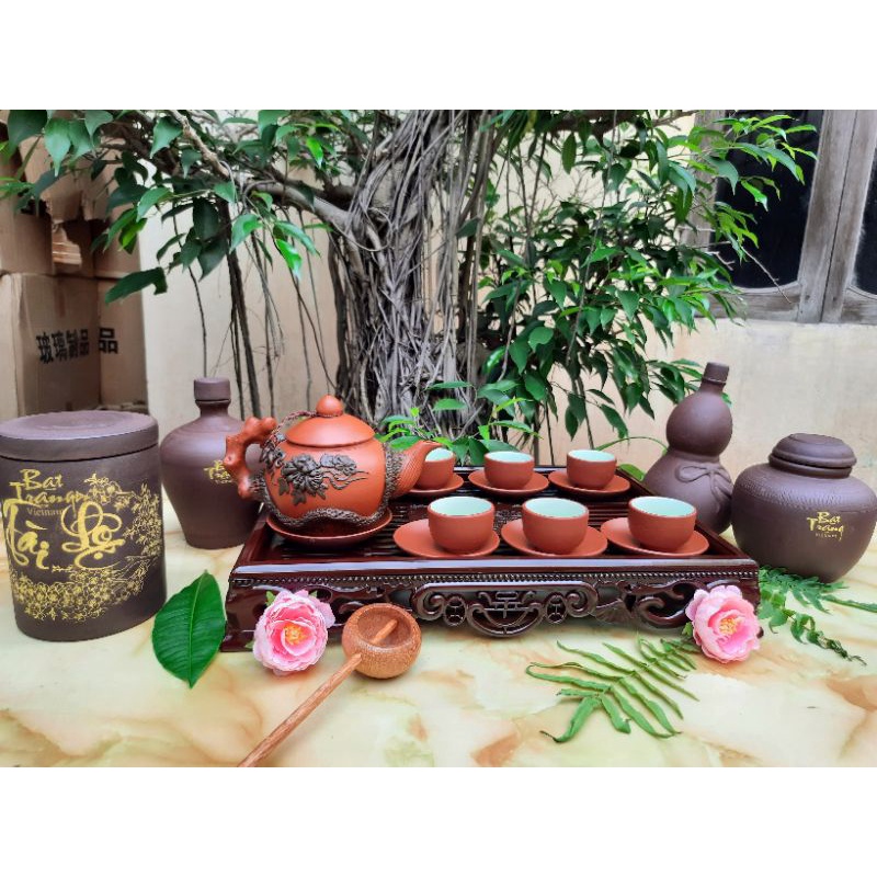 [Tặng 2 chén] Bộ Ấm Chén Tử Sa Bát Tràng Trạm Hoa Nổi Cực Sang Trọng, Tinh Tế.