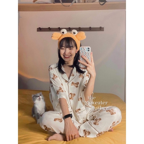BỘ ĐỒ NGỦ SET PIJAMA QUẦN DÀI form rộng tay lỡ tặng kèm scrunchies, bộ ngủ dài (Ảnh thật) | BigBuy360 - bigbuy360.vn