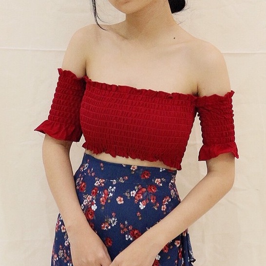 KIOBI - Áo kiểu croptop thun chỉ bo tay rớt và ngực, vải cotton lụa - 1BAA18112