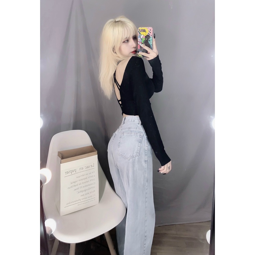 Áo thun tay dài cổ Vuông croptop đan chéo lưng sexy ncs