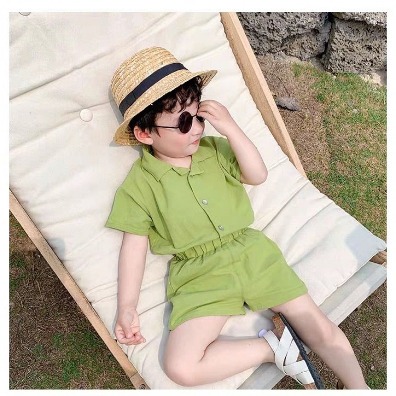 Bộ Quần Áo Cho Bé Habi Fashion Chất Liệu Đũi Trơn Cổ Vest Đi Biển Bé Trai, Bé Gái 10-20Kg