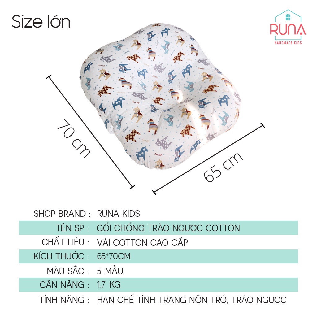 Gối chống trào ngược cho bé cotton Hàn 100% RUNA KIDS gối chống nôn trớ an toàn cho bé size lớn 65x70cm
