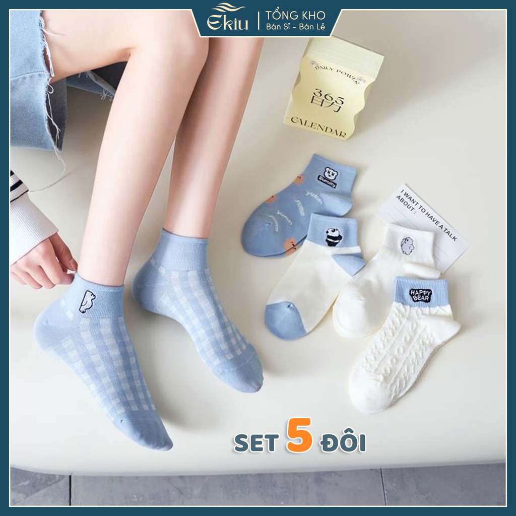 Tất nữ cổ ngắn vải cotton co giãn tốt chống hôi chân họa tiết dễ thương set 5 đôi màu trắng xanh - Ekiu Shop