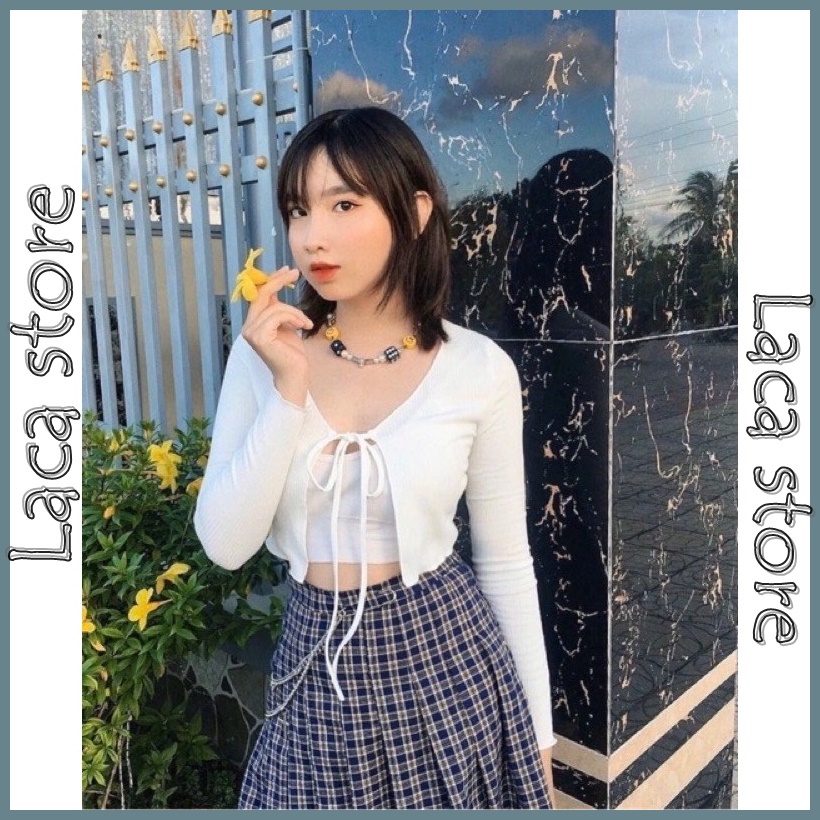 Áo Croptop tay Dài cột nơ Ulzzang Laca store B12-1 gân cotton, áo khoác crt cardigan tiểu thơ Hàn Quốc