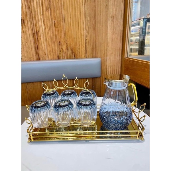 Set 6 cốc xanh dày dặn 💙 Bình Thuỷ Tinh ánh lửa xanh , Bình Thuỷ Tinh kim cương xanh