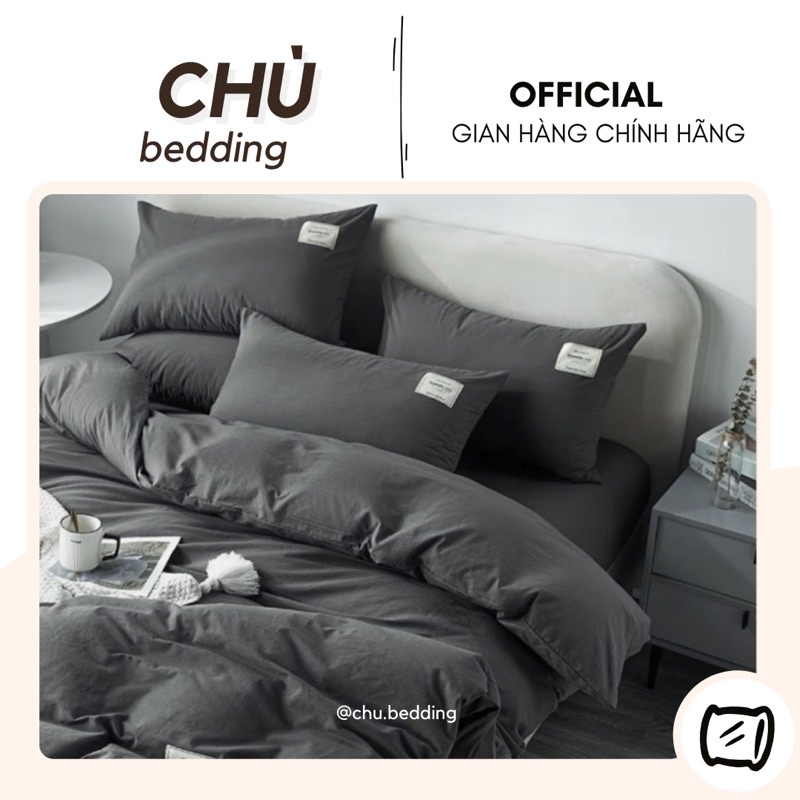 Set chăn ga gối Cotton đũi: đen xám trơn basic