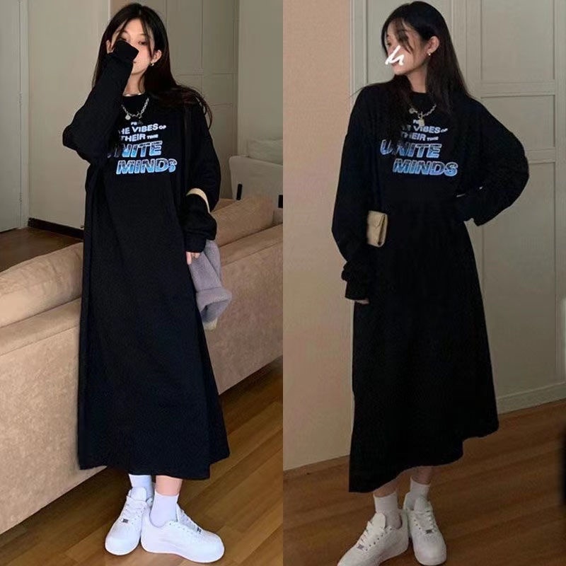 Đầm Nỉ Nữ Dài Tay Cổ Tròn Form Dài Rộng Thời Trang Hàn