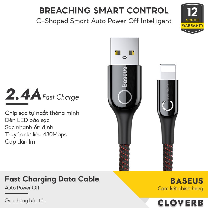 Dây Sạc BASEUS C-shaped Light USB to Sạc Nhanh 2.4A,Tự Động Ngắt Điện Khi Sạc Đầy,Đèn LED Báo Sạc