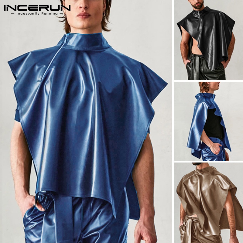 Áo INCERUN bằng da tay áo cánh dơi màu trơn kiểu dáng rộng rãi có dây khoá kéo thời trang cho nam