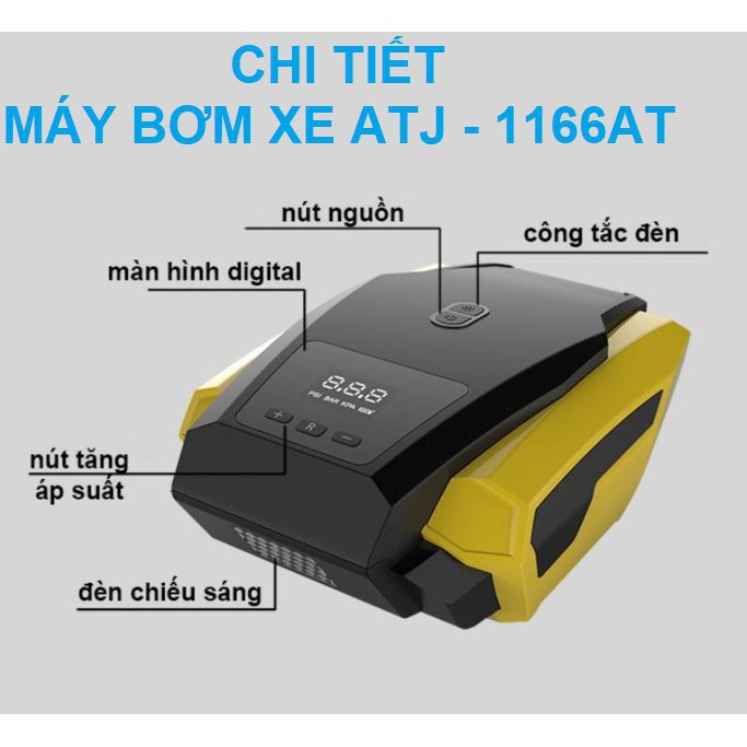 Máy bơm lốp ô tô, bơm xe hơi màn hình điện tử led tự ngắt kết hợp đèn pin siêu sáng ATJ-1166 12V 120W