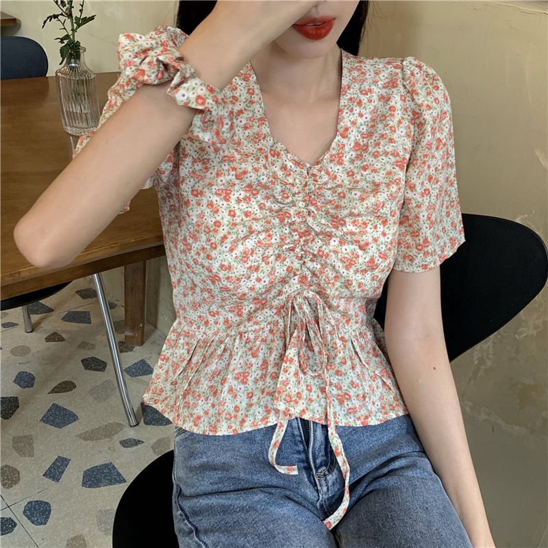 SUXI Áo Kiểu Tay Ngắn Chất Chiffon Hoạ Tiết Hoa Thời Trang Mùa Hè