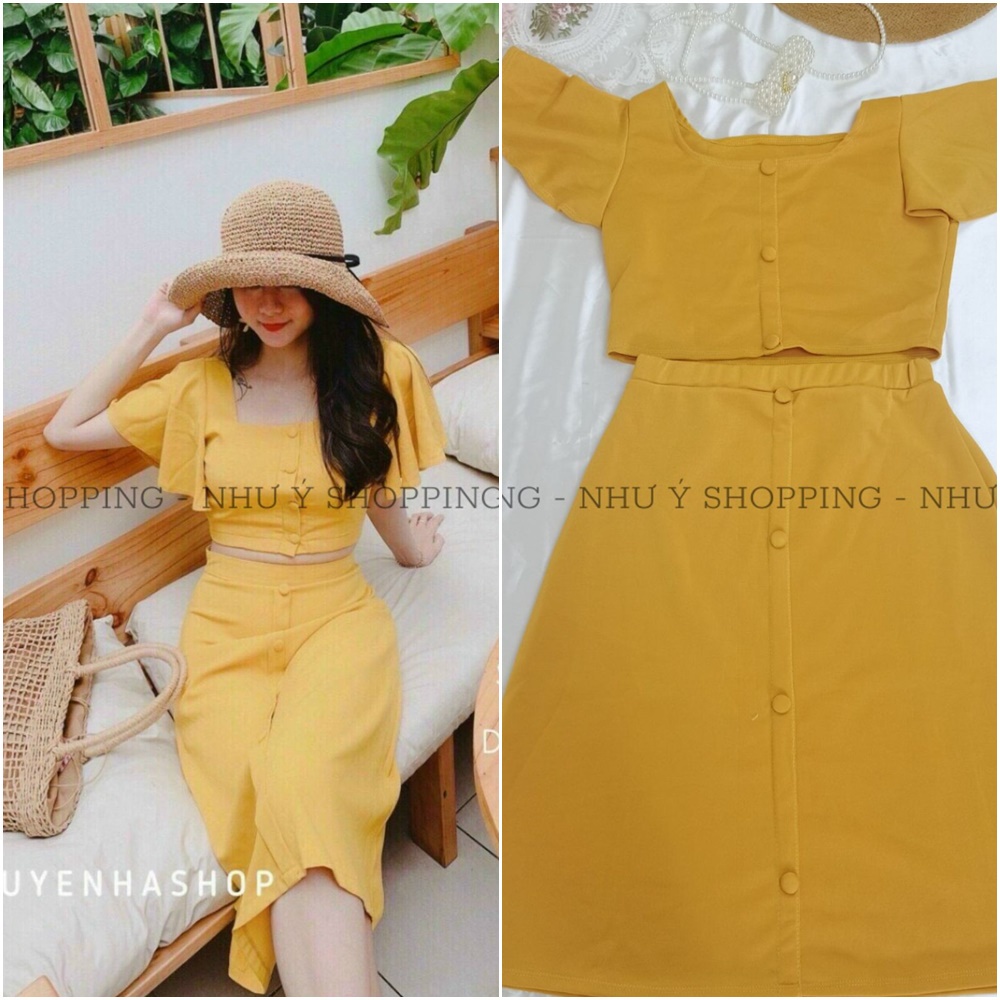 Set váy vàng áo drop top tay bèo chân váy đính nút chất umi mềm-setvang