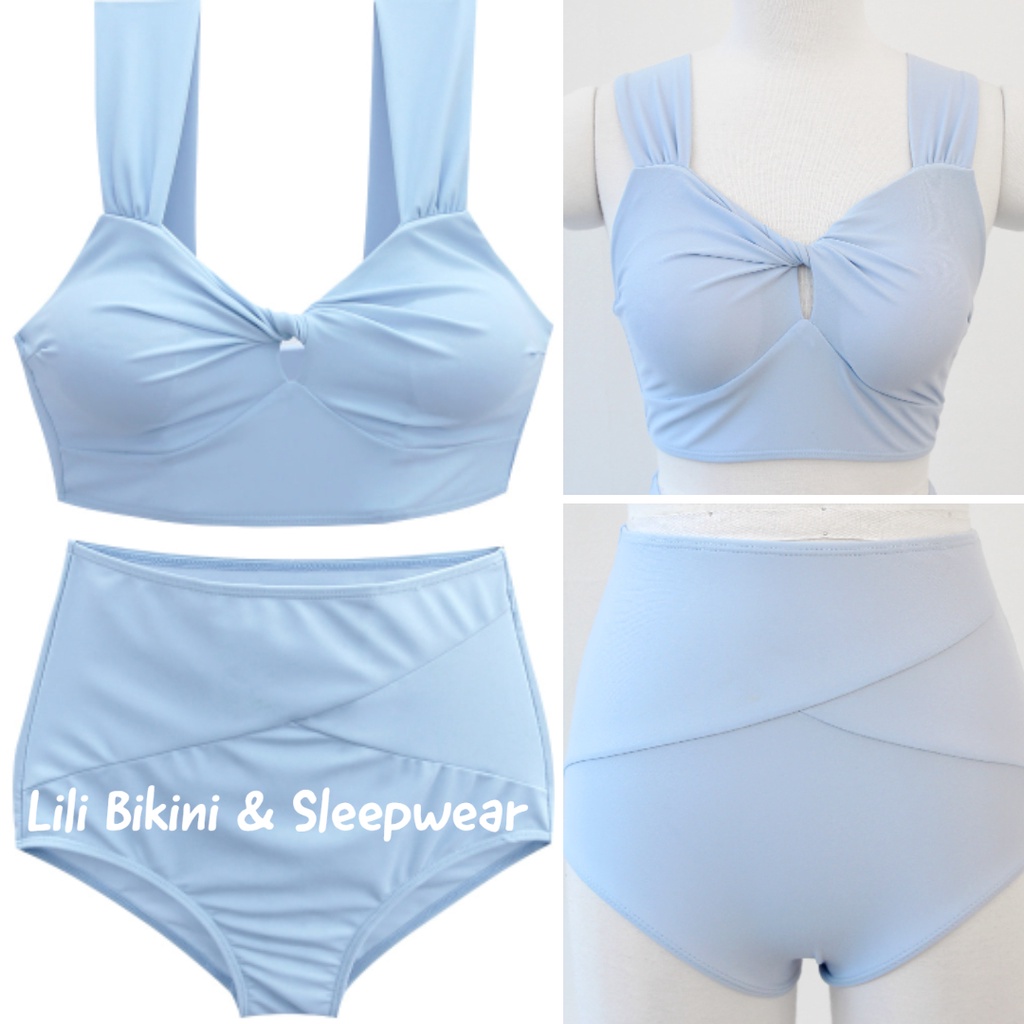 Bikini Hàn Quốc, đồ bơi áo xoắn nâng ngực, quần cạp cao giấu bụng màu xanh Pastel siêu đẹp hot trend 2023