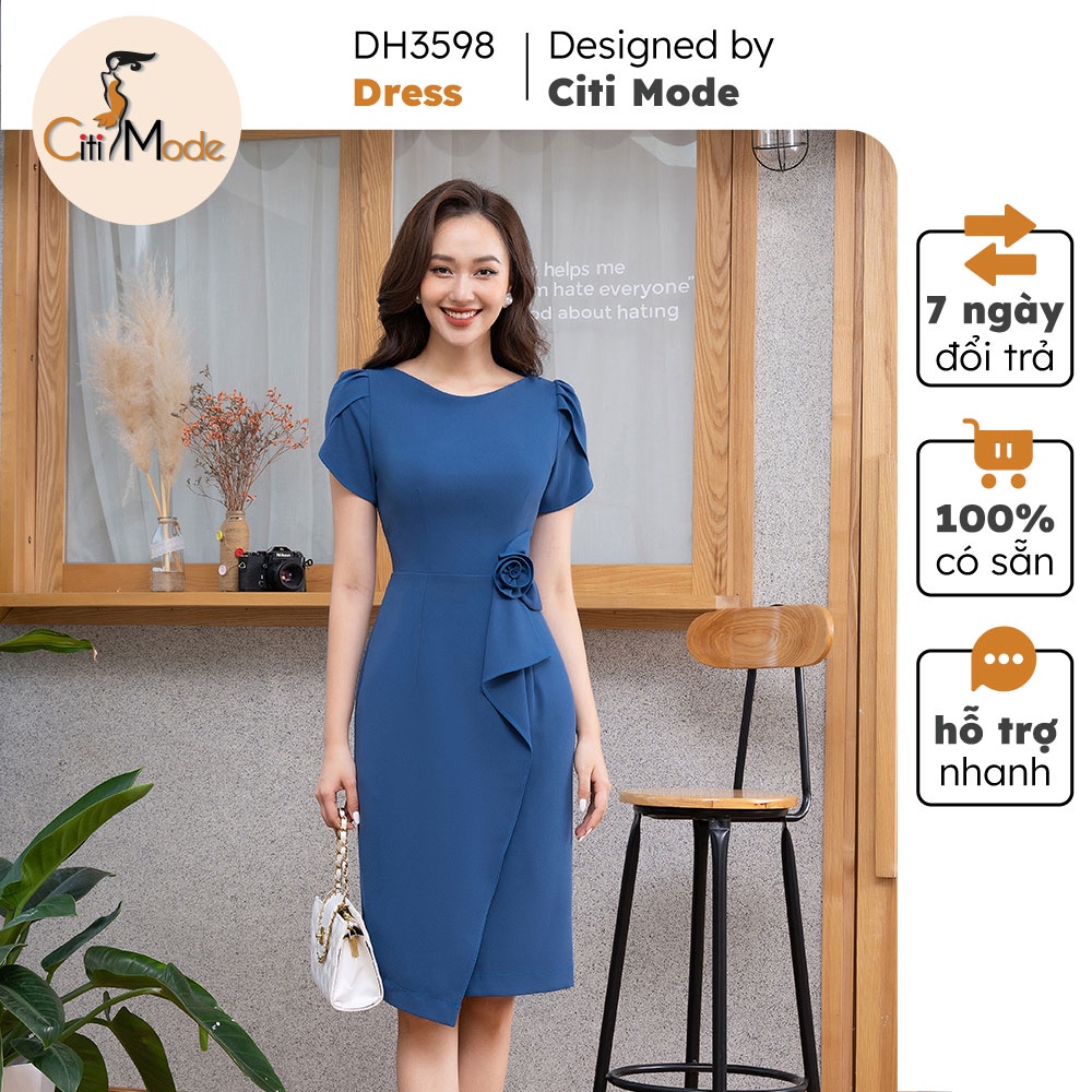 Đầm công sở thiết kế CITI MODE ôm xanh dương phối hoa eo DH3598