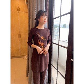 Áo dài cách tân thêu hoa sala, đồ lam, đồ đi chùa, đồ phật tử, đồ thời trang, thời trang nữ, áo dài, big size 80kg