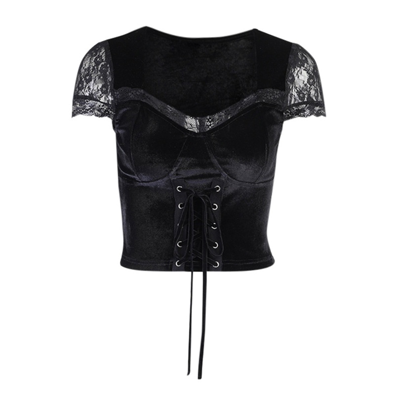Áo Croptop Nhung Tay Ngắn Cổ Vuông Cột Dây Phong Cách Gothic Harajuku Vintage Gợi Cảm Cho Nữ
