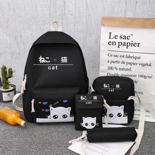 Combo 4 Món Balo Túi Xách Túi Đeo Mini Và Bóp Viết Hình Mèo Nằm