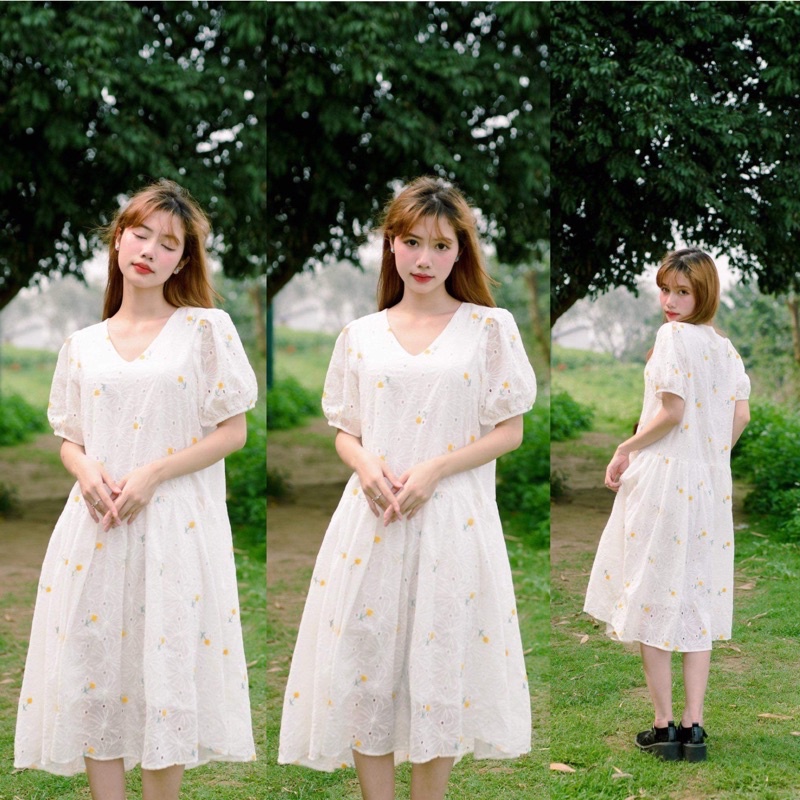 Đầm Ren Hoa Thêu Vải Boi Cổ Tim Dáng Suông Cực Kỳ Dễ Mặc