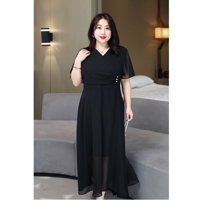 Đầm Váy Bigsize MAIHOUSE Đi Tiệc Tay Loa Lửng Cổ V Nhún Ngực Đính Hạt Chất Loa Màu Đỏ, Đen - D2400