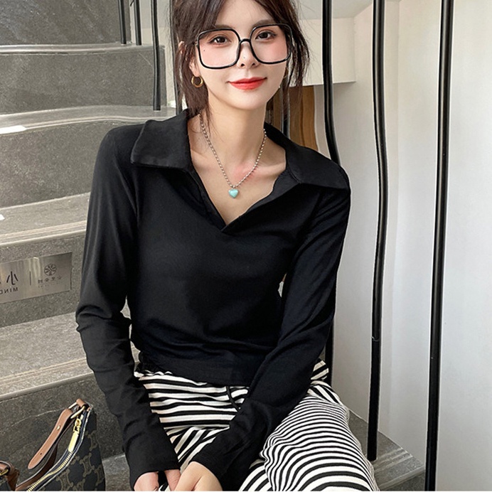 Áo thun Polo SUXI tay dài màu sắc đơn giản dễ phối đồ thời trang mùa thu cho nữ