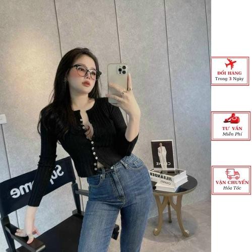 Áo len tăm gân dáng ôm body dài tay cúc ngực nữ ulzzang Hàn Quốc