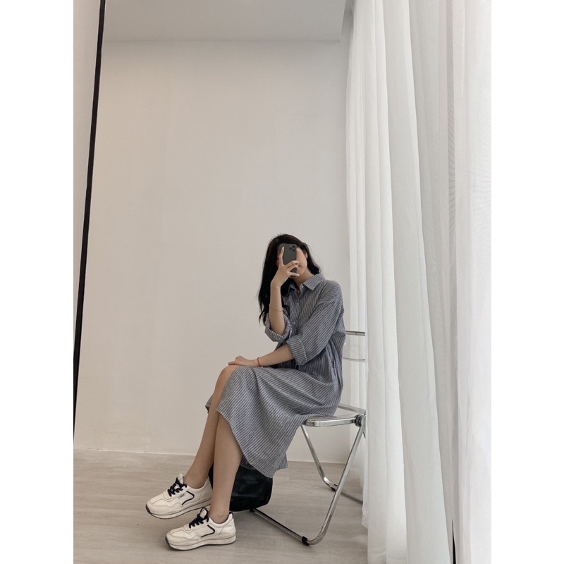 Váy sơ mi kẻ sọc dài tay dáng suông kèm đai