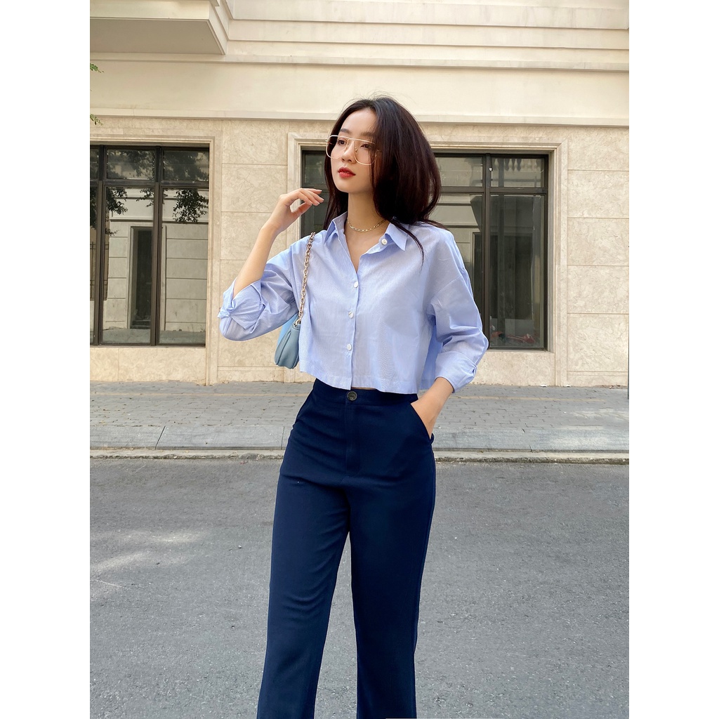 Áo croptop sơ mi công sở dáng lửng tay dài MIEU - HD09