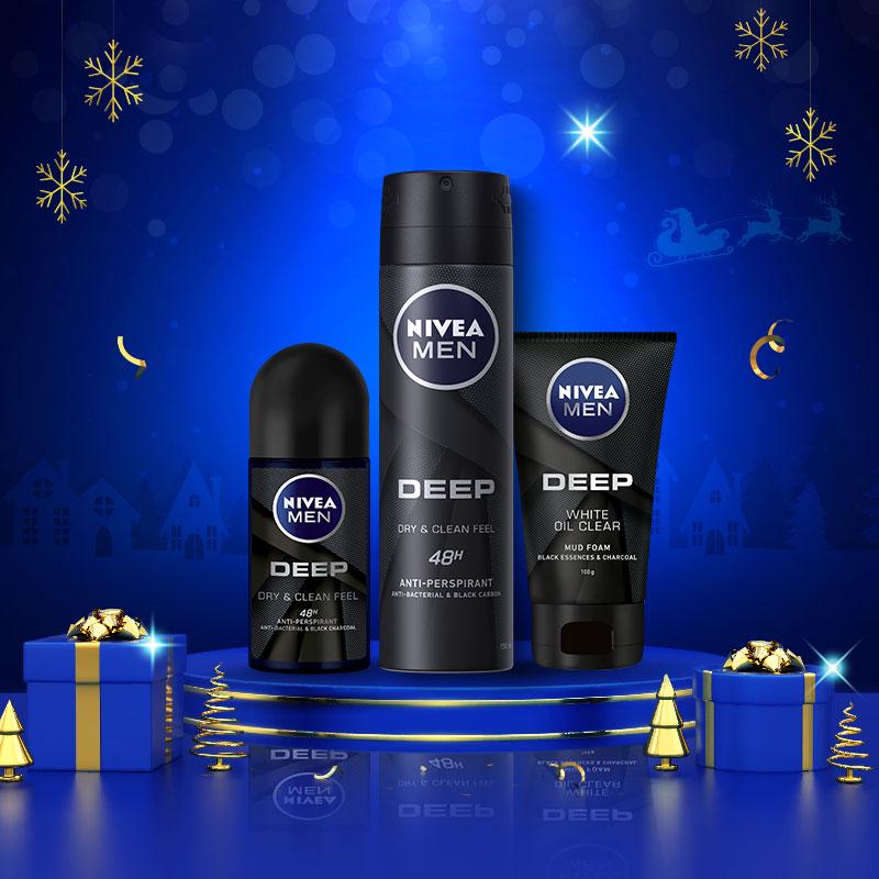 Bộ 3 NIVEA MEN Deep than đen hoạt tính (Xịt khử mùi 150ml + Lăn khử mùi 50ml + Sữa rửa mặt 100g) 80027+80031+84415