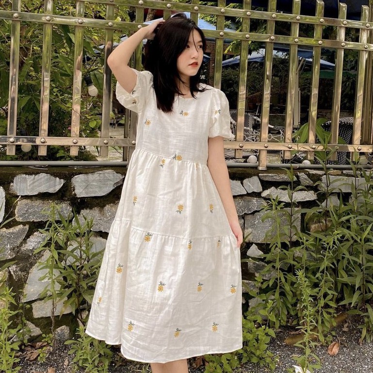 Váy Hoa Nhí Dáng Dài Tay Bồng - Họa Tiết Hoa Cúc - Vintage Ulzzang - Ảnh Thật - Titto Closet