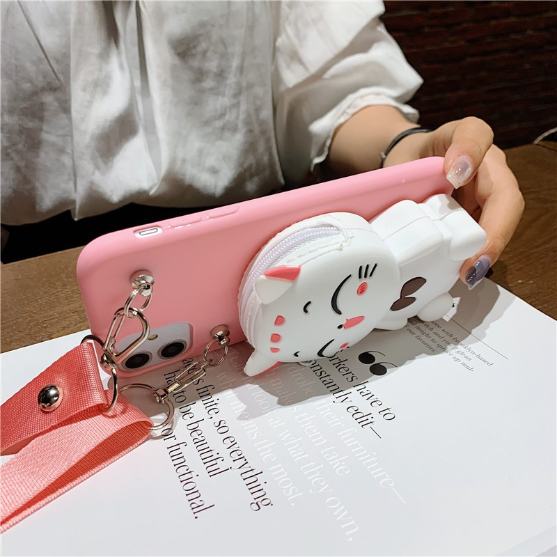 Samsung S10 S10PLUS S7edge S21Ultra S21+ A12 A42 5G A6 A8 A6Plus A6+ A8Plus A8+ A02S A01Core A21S A31 A11 Cartoon cat zero wallet mobile phone case Fortune Cat backpack mobile phone protective case fashion silicone tether wallet mobile phone case