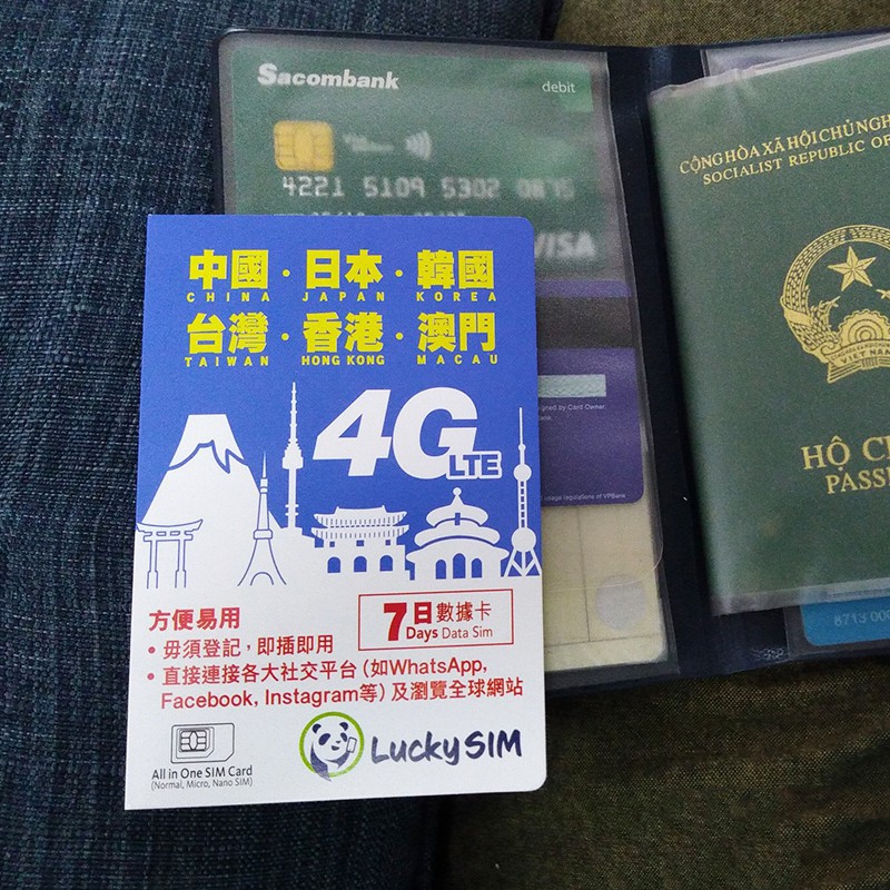 Sim du lịch 6 nước Trung Quốc, Nhật Bản, Hàn Quốc, Đài Loan, Hồng Kông 4GB tốc độ cao 7 ngày