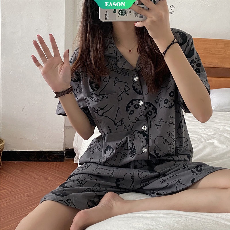 Bộ Đồ Ngủ Tay Ngắn In Hình Cậu Bé Bút Chì Shin-chan Phong Cách Hàn Quốc Dành Cho Nữ