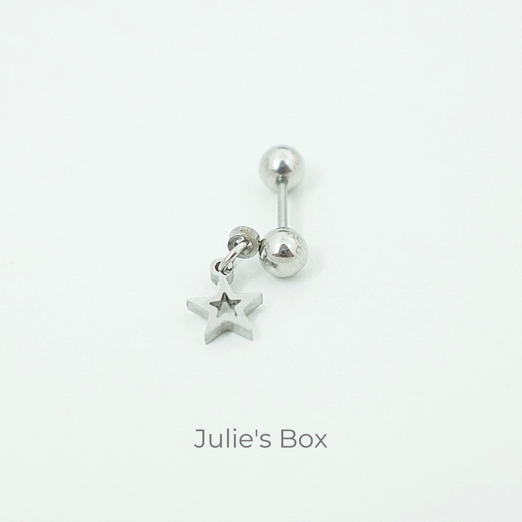 [1 Chiếc] Khuyên Tai Titan Unisex Có Charm Ngôi Sao Rỗng Màu Bạc Đuôi Bi Không Gỉ Sét Không Ngứa Bông Tai Julies Box 66
