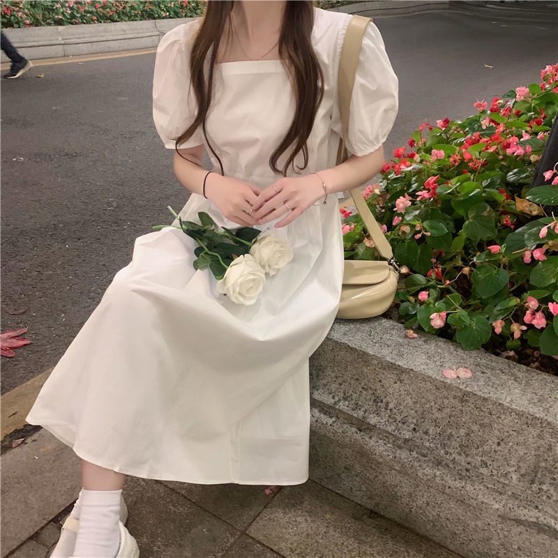 Đầm Tay Phồng Ngắn Cổ Vuông Chiết Eo Phong Cách Hàn Quốc